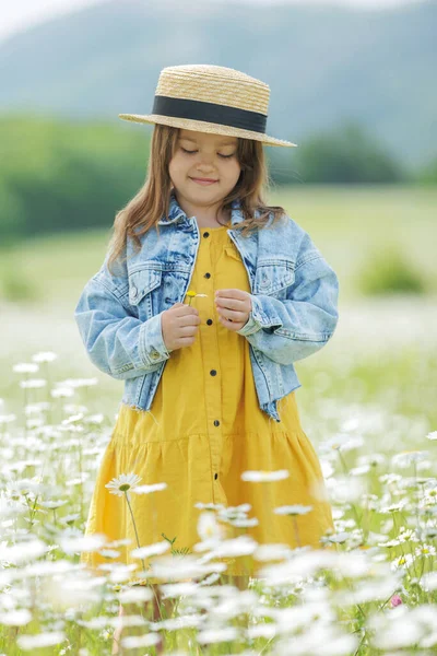 Tarlada Elinde Çiçeklerle Mutlu Bir Kız Yüksek Kalite Fotoğraf — Stok fotoğraf