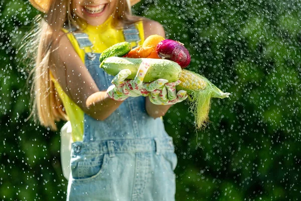 Child Vegetables Happy Little Girl Holding Vegetables Her Hands High — Stok Foto