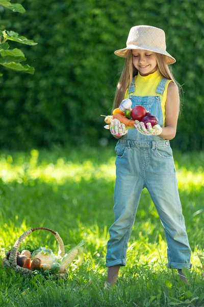 Child Vegetables Happy Little Girl Holding Vegetables Her Hands High — Stok fotoğraf