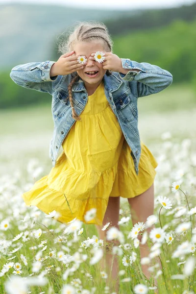 Chica Feliz Campo Con Flores Foto Alta Calidad — Foto de Stock