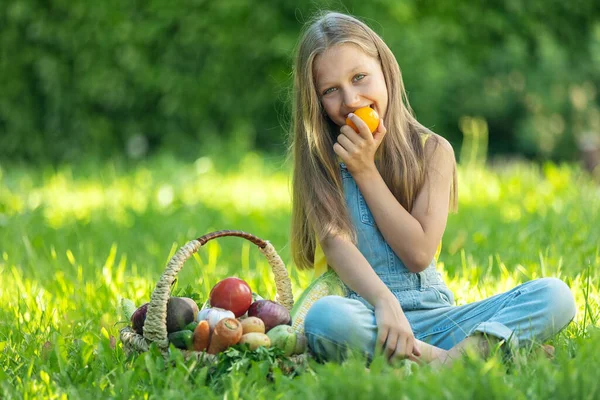 Ребёнок Овощами Счастливая Маленькая Девочка Держит Руках Овощи Высокое Качество — стоковое фото