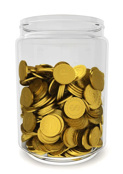 Glass jar with golden coins. Savings concept — Stock Fotó