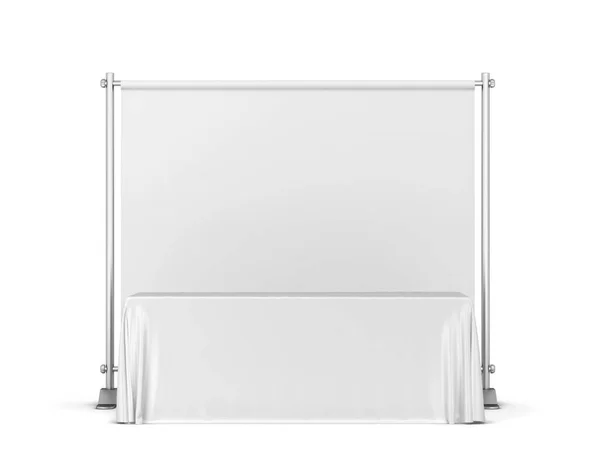 Blank Tradeshow Bordsduk Med Bakgrund Banner Mockup Illustration Isolerad Vit — Stockfoto