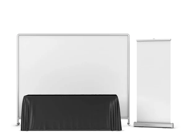 背景とロールアップバナーモックアップとブランクトレードショーテーブルクロス 白地に隔離された3Dイラスト — ストック写真