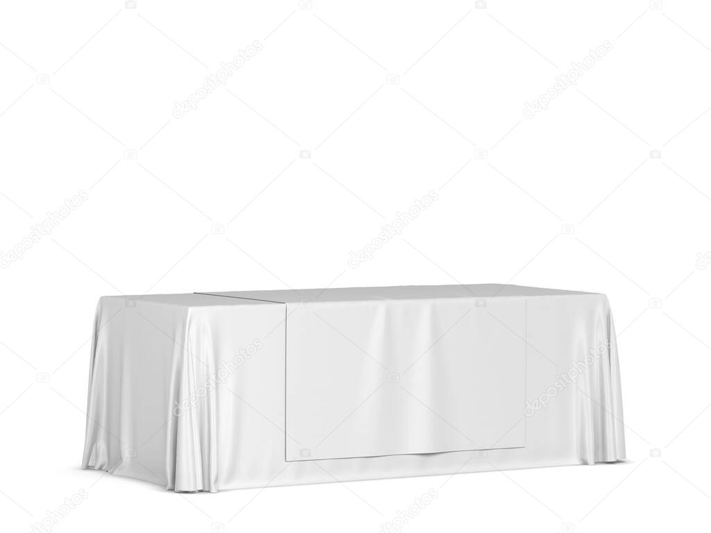 Blank tradeshow tablecloth with runner mockup. 3d illustration isolated on white background