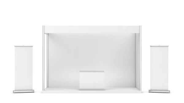 カウンターとロールアップバナー付きの空白の展示ブース 白地に隔離された3Dイラスト — ストック写真