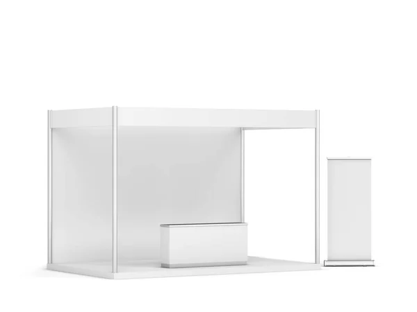 カウンターとロールアップバナー付きの空白の展示ブース 白地に隔離された3Dイラスト — ストック写真