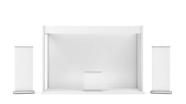 Cabine Feira Branco Com Banner Balcão Rollup Ilustração Isolado Fundo Fotografia De Stock