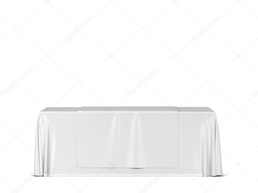 Blank tradeshow tablecloth with runner mockup. 3d illustration isolated on white background