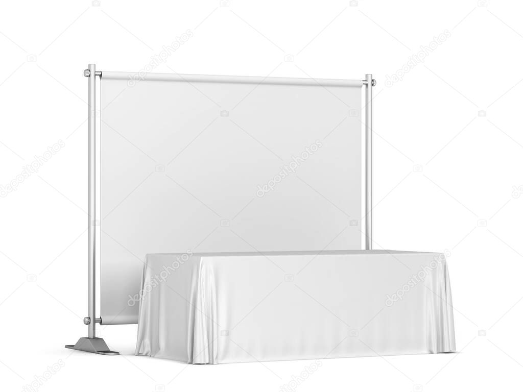 Blank tradeshow tablecloth with backdrop banner mockup. 3d illustration isolated on white background