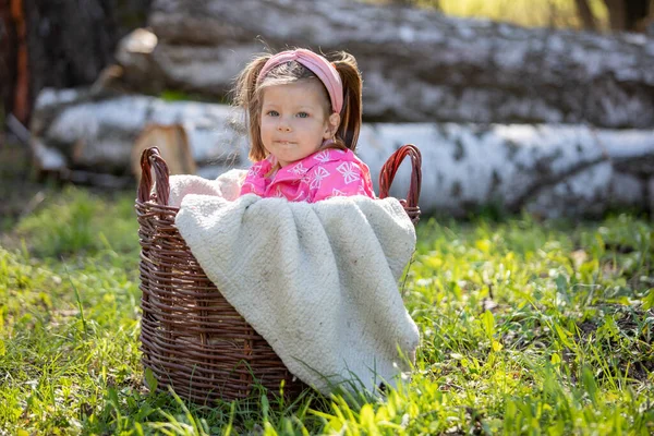 Jolie Petite Fille Assise Dans Panier Est Amuser Extérieur Printemps — Photo