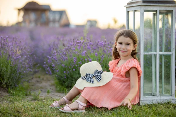 Menina Bonito Vestido Rosa Chapéu Branco Verão Havimg Diversão Campo — Fotografia de Stock