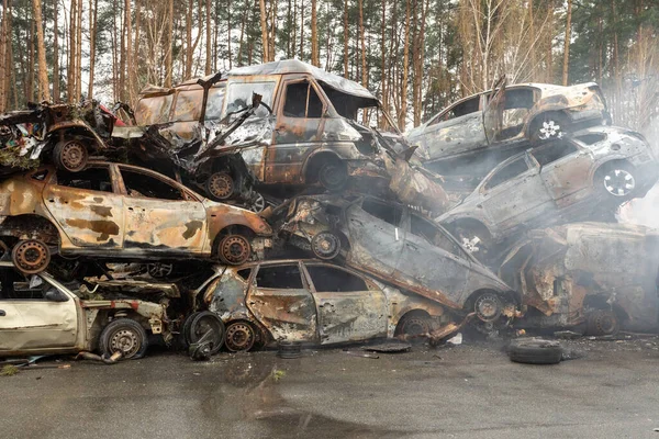 Many Shot Destroyed Cars Car Graveyard Irpin Ukraine — Stock Photo, Image