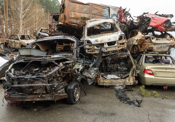 Many Shot Destroyed Cars Car Graveyard Irpin Ukraine — Fotografia de Stock