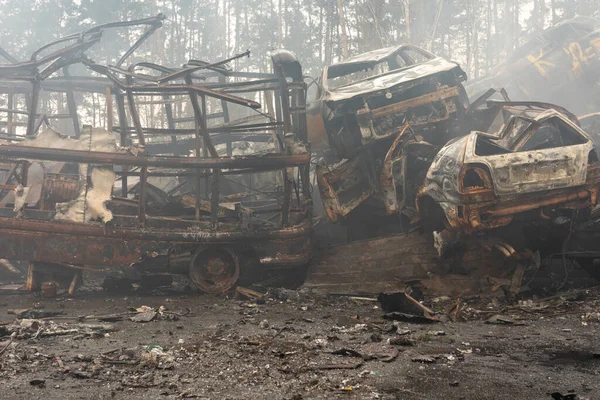 Many Shot Destroyed Cars Car Graveyard Irpin Ukraine — Stock Photo, Image