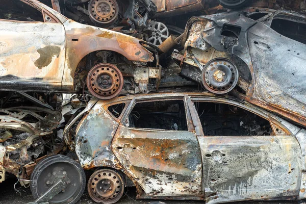 Many Shot Destroyed Cars Car Graveyard Irpin Ukraine Стокове Зображення