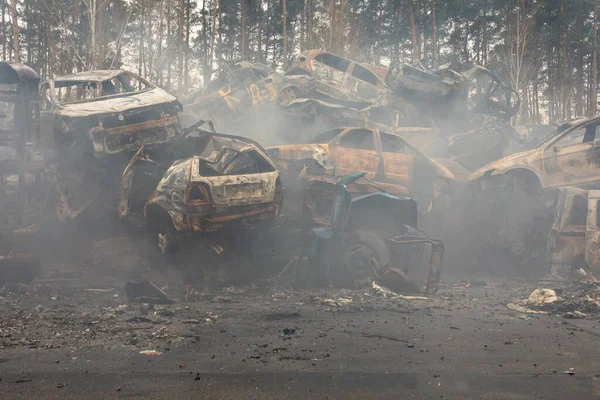 Many Shot Destroyed Cars Car Graveyard Irpin Ukraine Ліцензійні Стокові Фото