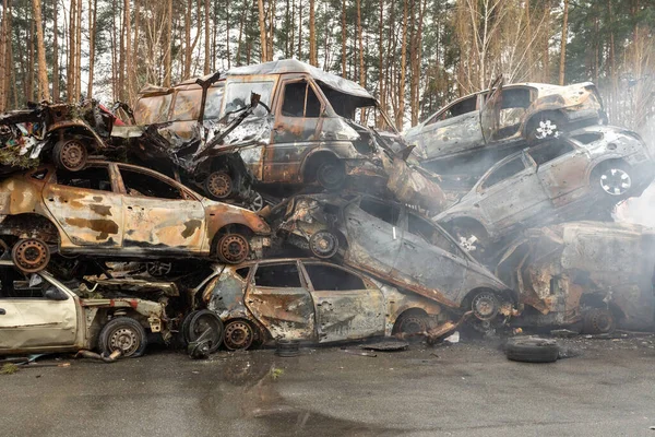 Many Shot Destroyed Cars Car Graveyard Irpin Ukraine Ліцензійні Стокові Зображення