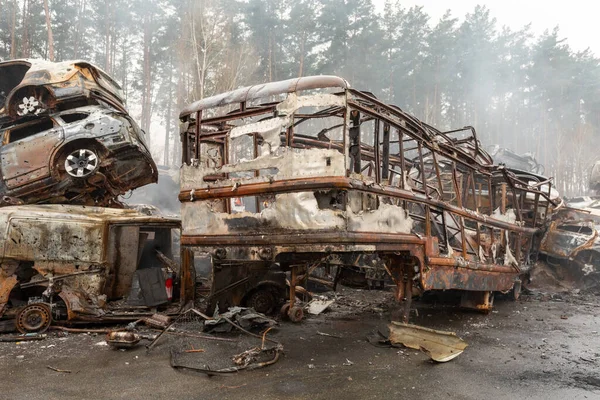 Many Shot Destroyed Cars Car Graveyard Irpin Ukraine Стокове Фото