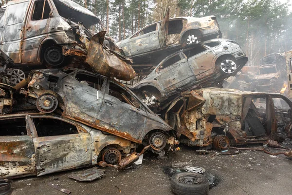 Many Shot Destroyed Cars Car Graveyard Irpin Ukraine Ліцензійні Стокові Фото