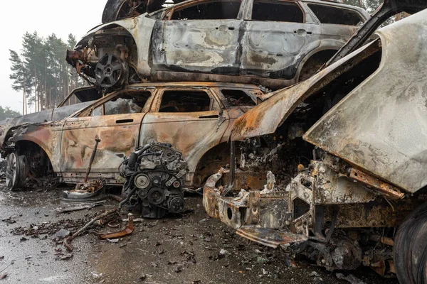 Many Shot Destroyed Cars Civilians Car Graveyard Irpin Ukraine War — стокове фото