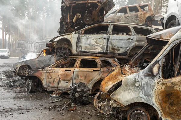 Many Shot Destroyed Cars Civilians Car Graveyard Irpin Ukraine War — Fotografia de Stock