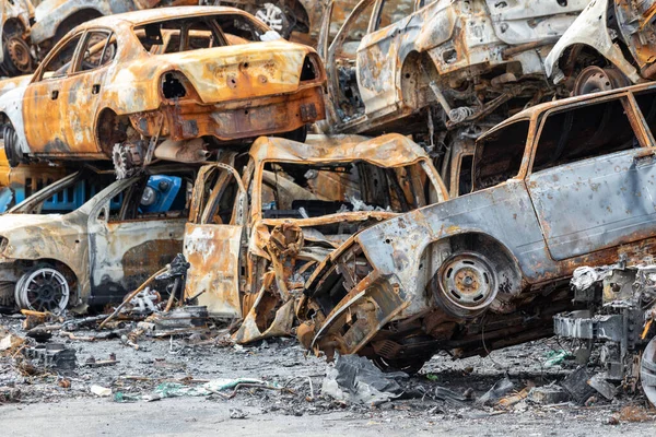 Many Shot Destroyed Cars Civilians Car Graveyard Irpin Ukraine War — ストック写真