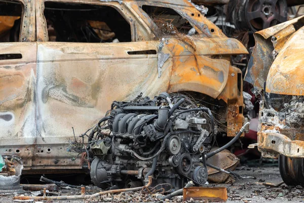 Many Shot Destroyed Cars Civilians Car Graveyard Irpin Ukraine War — Fotografia de Stock