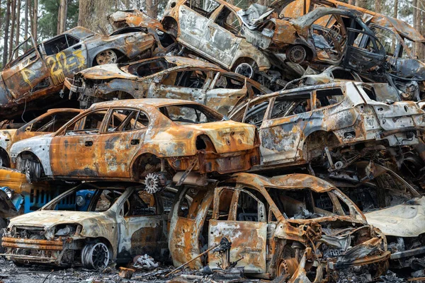 Many Shot Destroyed Cars Civilians Car Graveyard Irpin Ukraine War —  Fotos de Stock