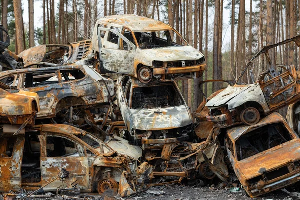 Many Shot Destroyed Cars Civilians Car Graveyard Irpin Ukraine War —  Fotos de Stock