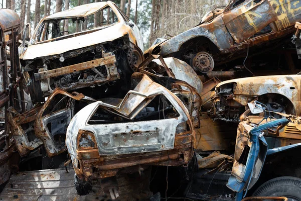 Many Shot Destroyed Cars Civilians Car Graveyard Irpin Ukraine War — Fotografia de Stock