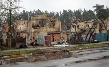 Irpin, Kyiv Region, Ukraine - 22.04.2022: Chaos and devastation on the streets of Irpin as a result of the attack of russian invaders. War in Ukraine.