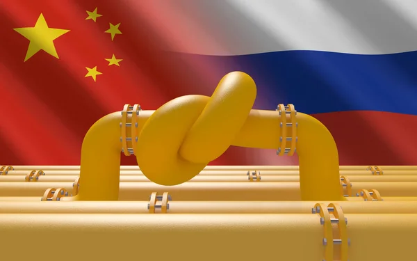 Газопровід Паливному Газі Вузлом Задньому Плані Китайських Російських Прапорів Китайські — стокове фото
