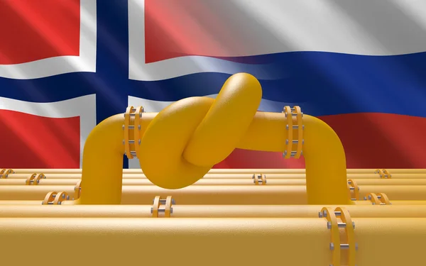Газопровід Паливі Вузлом Задньому Плані Норвезьких Російських Прапорів Промислові Економічні — стокове фото