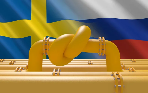 Паливний Газопровід Вузлом Задньому Плані Шведських Російських Прапорів Промислові Економічні — стокове фото