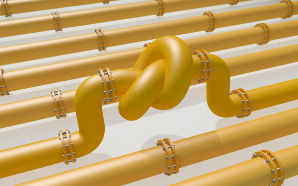 Fuel gas pipeline with a knot on white background. EU industrial economic sanctions. Energy embargo. Oil import export from the world fuel trade market restricts.