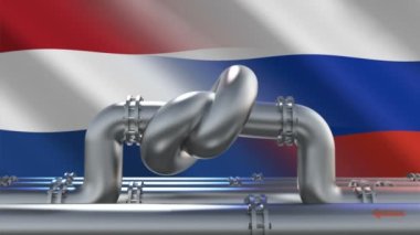Yakıt boru hattı, Hollanda ve Rus bayraklarının arka planında düğüm var. AB endüstriyel ekonomik yaptırımları. Enerji ambargosu. Dünya yakıt piyasasından petrol ithalatı kısıtlamaları.