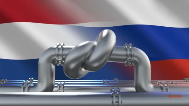 オランダとロシアの国旗を背景に結び目を持つ燃料ガスパイプライン Eu産業経済制裁 エネルギー禁輸だ 世界の燃料貿易市場からの石油輸入が制限される — ストック動画