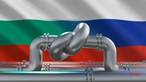 ブルガリアとロシアの国旗を背景に結び目を持つ燃料ガスパイプライン Eu産業経済制裁 エネルギー禁輸だ 世界の燃料貿易市場からの石油輸入が制限される — ストック動画