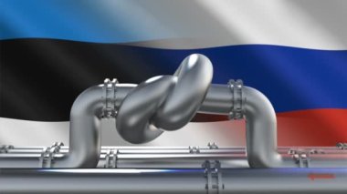 Yakıt boru hattı, Estonya ve Rus bayraklarının arka planında düğüm var. AB endüstriyel ekonomik yaptırımları. Enerji ambargosu. Dünya yakıt piyasasından petrol ithalatı kısıtlamaları.