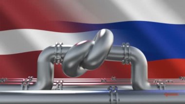 Yakıt boru hattı, Letonya ve Rus bayraklarının arka planında düğüm var. AB endüstriyel ekonomik yaptırımları. Enerji ambargosu. Dünya yakıt piyasasından petrol ithalatı kısıtlamaları.