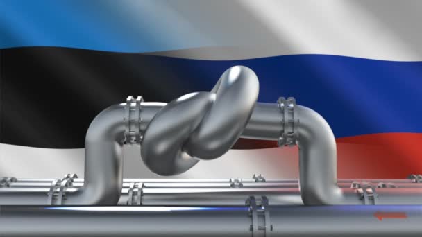带有爱沙尼亚和俄罗斯国旗背景结的燃料天然气管道 欧盟工业经济制裁 能源禁运 世界燃料贸易市场的石油进口限制 — 图库视频影像