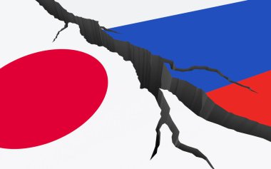 Çatlakların arkasında Rusya Federasyonu ve Japonya 'nın bayrakları var. Ülkeler arası ilişkilerde kriz. Savaş, yaptırımlar, çatışma, ambargo. 3d hazırlayıcı