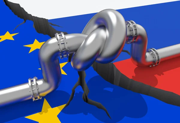 Bränslegasledning Med Knut Mot Bakgrund Europeiska Unionens Och Rysslands Flaggor — Stockfoto