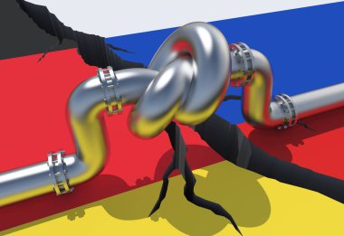 Benzin boru hattı Almanya ve Rus bayraklarının arka planında düğüm var. AB endüstriyel ekonomik yaptırımları. Enerji ambargosu. Dünya yakıt piyasasından petrol ithalatı kısıtlamaları.