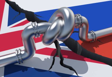 İngiliz ve Rus bayraklarının arka planında bir düğüm olan yakıt boru hattı. AB endüstriyel ekonomik yaptırımları. Enerji ambargosu. Dünya yakıt piyasasından petrol ithalatı kısıtlamaları.