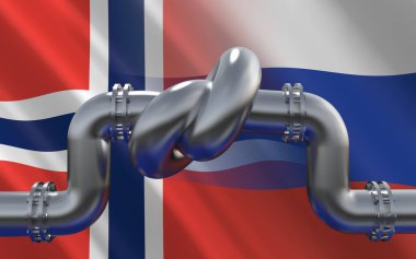 Norveç ve Rus bayraklarının arka planında bir düğüm olan akaryakıt boru hattı. AB endüstriyel ekonomik yaptırımları. Enerji ambargosu. Dünya yakıt piyasasından petrol ithalatı kısıtlamaları. 3d hazırlayıcı.
