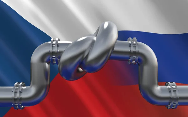 Fuel Gas Pipeline Knot Background Czech Republic Russian Flags Industrial — Stock Photo, Image
