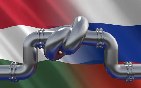 Fuel Gas Pipeline Knot Background Hungary Russian Flags Industrial Economic — стокове фото