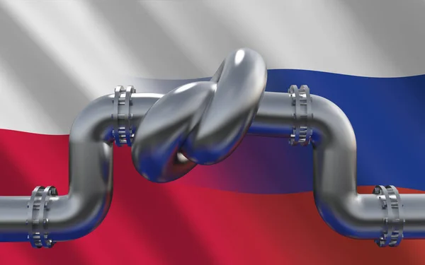 以波兰和俄罗斯国旗为背景的燃料天然气管道 欧盟工业经济制裁 能源禁运 从世界燃料贸易市场进口石油受到限制 3D渲染 — 图库照片